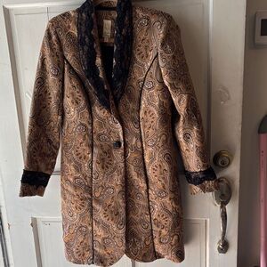 Paisley-Print Long Blazer with Black Lace Trim - Women's Tan